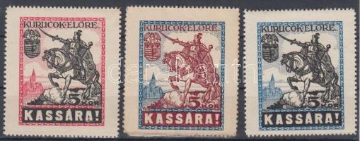 1921 3 klf színű "Kurucok előre Kassára!" levélzáró