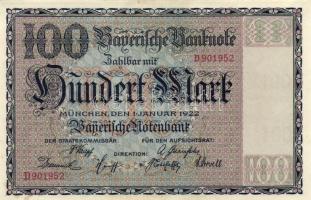 Német Birodalom / Weimari Köztársaság / München / Bayerische Notenbank 1922. 100M T:I-(kis folt) Germany-Weimar Republic / München / Bayerische Notenbank 1922. 100 Mark C:AU(small stain)