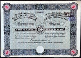 Budapest 1929. "Részvénytársaság Villamos és Közlekedési Vállalatok számára" részvénye 100P-ről szelvényekkel (2x) T:II