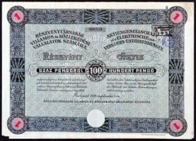 Budapest 1929. "Részvénytársaság Villamos és Közlekedési Vállalatok számára" részvénye 100...