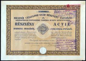 Budapest 1935. "Brassói Cellulose-Gyár-Részvény-Társaság" részvénye 30P-ről + 2000K-ról sz...