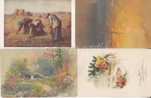 12 db régi motívum lap, üdvözlő lapok valamint művész, hajó témájú lapok, köztük néhány litho / 12 old motive cards, artist, ship and greeting cards, including some litho