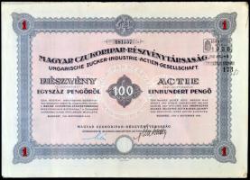 Budapest 1923-1941. "Magyar Czukoripar-Részvénytársaság" részvénye 100P-ről + 600R-ről szelvényekkel (3x) T:II