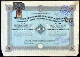 Budapest 1923-1941. "Magyar Czukoripar-Részvénytársaság" részvénye 100P-ről + 600R-ről sze...