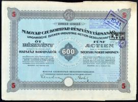 Budapest 1923-1941. "Magyar Czukoripar-Részvénytársaság" részvénye 100P-ről + 600R-ről sze...