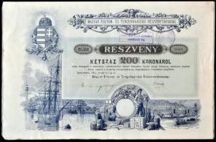 Budapest 1895. "Magyar Folyam- és Tengerhajózási Részvénytársaság" részvénye 200K-ról szelvényekkel és elővételi jog gyakorlásáról szóló pecséttel T:II