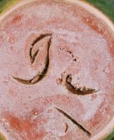 Csákvári csali kancsó, festett kerámia, jelzett, apró máz hibával, tréfás versikével, m:19 cm