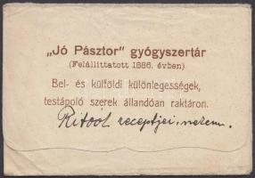 cca 1910 Bp. IX. Receptboríték: Dr. Deér Endre "Jó Pásztor" gyógyszertára