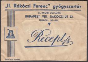 cca 1910 Bp. VIII. Receptboríték: "II. Rákóczi Ferenc" gyógyszertár