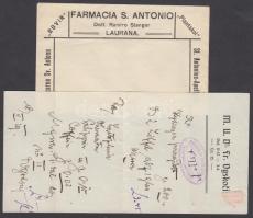 cca 1900 Háromnyelvű receptboríték recepttel Lovranból (Laurana), az Osztrák-Magyar Monarchiából: Farmacia S. Antonio /  Trilingual prescription envelop from Lovran (Laurana), Austro-Hungarian Empire (with prescription): Farmacia S. Antonio