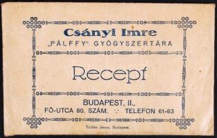 cca 1900 Bp. II. Receptboríték receptekkel: Csányi Imre "Pálffy" gyógyszertára