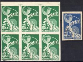 1933. 2 klf. jamboree-levélzáró, az egyik hatos tömbben / 2 versch. Jamboree-Vignetten, dabei 1 Sechserblock
