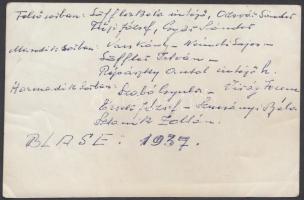 1937 A BLASE - Borsodnádasdi Labdarúgó Sport Egyesület cspata, hátoldalt a focisták neveivel