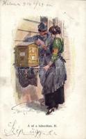 Soldier, woman during the war, letter box, artist signed (EK)