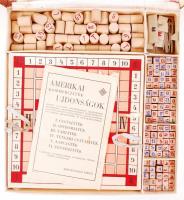 Cca 1930 Hat játék, társasjátékok, teljes, játszható állapotban, doboza enyhén sérült, 28×28 cm