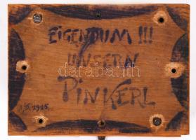 cca 1910 Fa persely színes, fa mozaikintarziával (az alján írás látható) / 
Wooden money box with co...