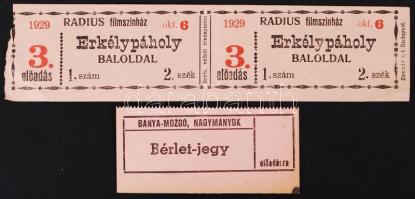 1929-1950 2db mozijegy (Radius Filmszínház, Bánya-Mozgó Nagymányok)