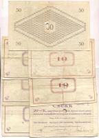 Pápa 1919. május 8. "Pápai csekk" 10K (5x) + 20K (5x) + 50K  mind lyukasztással érvénytele...