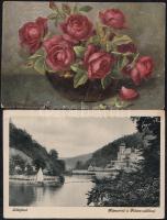 5 db képeslap, közte festmény motívum és városképes (Győr, Lillafüred), vegyes minőségben