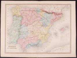 1880 E. Andriveau-Goujon: Spanyolország és Portugália nagyméretű térképe acélmetszet /  1880 E. Andriveau-Goujon: Etched map of Spain and Portugal. 70x55 cm