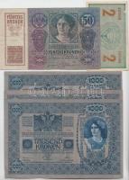 1902. 1000K mindkét oldal német, "Deutschösterreich" felülnyomással (3x) T:III + 1914. 2K ...