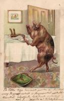 New Year, pig, bizarre, litho (cut)