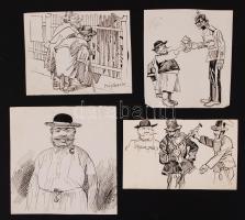 Mühlbeck Károly (1869-1943): Illusztrációk 4db Gárdonyi Géza: Göre Gábor bíró úr sorozatából, tus, papír, jelzett 1db, (4)× 10×8 cm