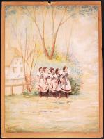 Cca 1910 Ismeretlen szerző: Legényekre várva. Festett hátterű, kézzel színezett, vintage fotó, kartonra ragasztva, 30x40cm