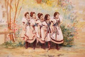 Cca 1910 Ismeretlen szerző: Legényekre várva. Festett hátterű, kézzel színezett, vintage fotó, karto...