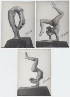 cca 1970 Sylvia, a hajlékony, erotikus fakír nő - 3 db 12x9 cm-es fotón