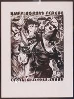 Bordás Ferenc (1911-1982): Buék 1962. Fametszet, papír, jelzett a dúcon, üvegezett keretben 20x27 cm