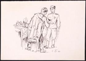 2 db orosz szocreál tollrajz 1942-ből, 13×17-21×29 cm