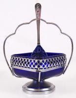 Alpakka asztali kínálószett kék üvegbetéttel, kiskanállal, összesen 4 db / Service-set with blue gla...