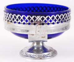 Alpakka asztali kínálószett kék üvegbetéttel, kiskanállal, összesen 4 db / Service-set with blue gla...