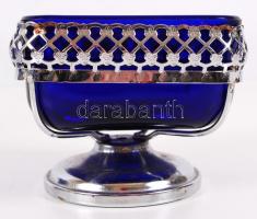 Alpakka asztali kínálószett kék üvegbetéttel, kiskanállal, összesen 4 db / Service-set with blue gla...