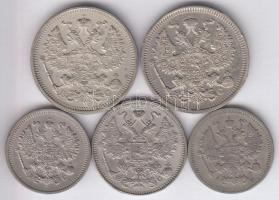 Oroszország 1897. 10k Ag + 1913. 15k Ag + 1914. 20k Ag + 1915. 10k Ag + 1916. 20k Ag T:2,2-,3
Russia...