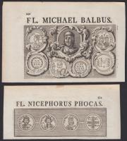 1744 2 db bizánci érméket ábrázoló rézmetszet Borgia Kéri Ferencz: Imperatores Orientis compendio exhibiti könyvéből (foltos) / 2 etchings of 	 Byzantine coins