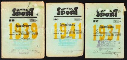 1937-1941 Nemzeti Sport 3 db fényképes igazolvány