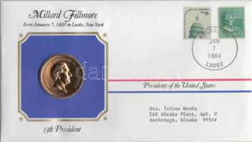 Amerikai Egyesült Államok 1984. 13. elnök "Millard Fillmore" aranyozott emlékérem érmés bélyeges borítékon alkalmi bélyegzővel T:1 USA 1984. 13th President "Millard Fillmore" gilt medallion on coin letter with stamps C:UNC