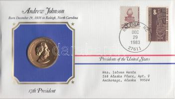 Amerikai Egyesült Államok 1983. 17. elnök "Andrew Johnson" aranyozott emlékérem érmés bélyeges borítékon alkalmi bélyegzővel T:1 USA 1983. 17th President "Andrew Johnson" gilt medallion on coin letter with stamps C:UNC