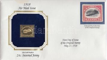 Amerikai Egyesült Államok "Fordított Jenny- 22K aranyfóliás bélyeg replika borítékban angol nyelvű tájékoztatóval T:1 USA/Washinton "Inverted Jenny-22K gold foil stamp replica in envelop with information C:Unc