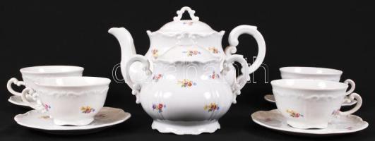 Apró, matricás virágokkal díszített Zsolnay porcelán teáskészlet: kanna, cukortartó, 4 db csésze és 4 db tányér (egyik tányér csorba) / Zsolnay chinaware tea set