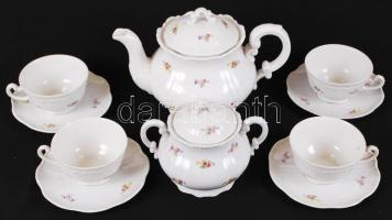 Apró, matricás virágokkal díszített Zsolnay porcelán teáskészlet: kanna, cukortartó, 4 db csésze és ...