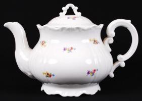 Apró, matricás virágokkal díszített Zsolnay porcelán teáskészlet: kanna, cukortartó, 4 db csésze és ...