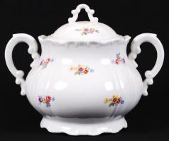 Apró, matricás virágokkal díszített Zsolnay porcelán teáskészlet: kanna, cukortartó, 4 db csésze és ...