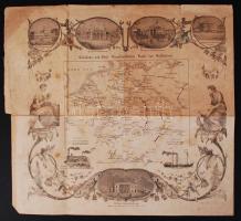 1845 Németország vasúti és gőzhajózási térképe, körülötte 5 db híres pályaudvar metszete, apró foltok és szakadások, 31×33 cm/ Railway map and nautical chart from Germany in 1845. Smudges and small laceration