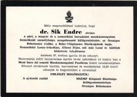 Sík Endre belügyminiszter gyászjelentése