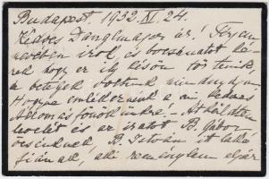 1937 Batthyány grófné saját kézzel írt levelezőlapja