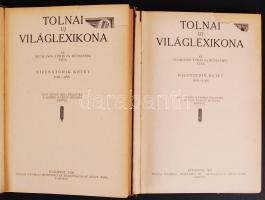 Tolnai Világlexikona, 2 kötet: IX. (Kob-Lak), XV. (Rák-Sör), kissé viseltes, aranyozott gerincű, félvászon kötésben (gerincen szakadások)