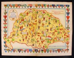 cca 1940 Nagy-Magyarország térkép a vármegyék címereivel, hátoldalán népességi statisztikával, 42x55cm